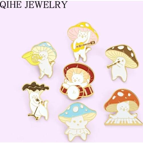 Cartoon Mushroom Brooches for Women Cute Musical Instrument Guitar Plant Enamel Lapel Pin Anime Badge Jewelry Gift Wholesale