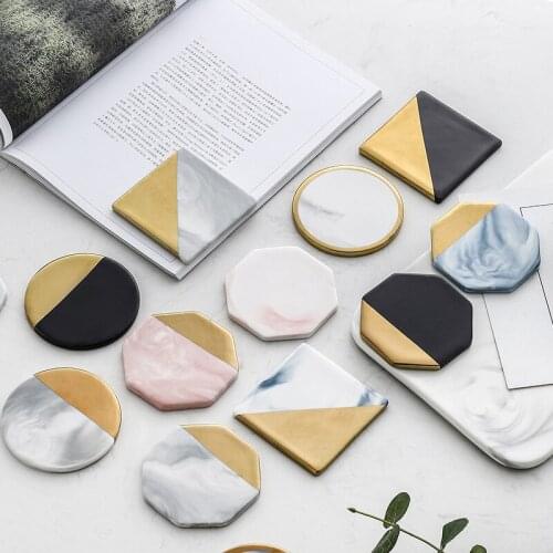 Nordic Marble Coaster Creative Ceramic Coaster Electroplated Marble Coaster with Cork Cushion Saucer Gold Placemats for Table