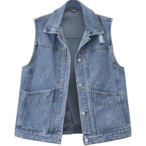 New 2021 Autumn Womens Plus Size Denim Vest Sleeveless Vest Student Casual Top Jeans Jacket Blue