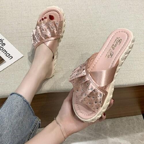 Casual fashion mid-heel elegant ladies slippers summer new style ruffled rhinestones exquisite beach shoes for outer wear