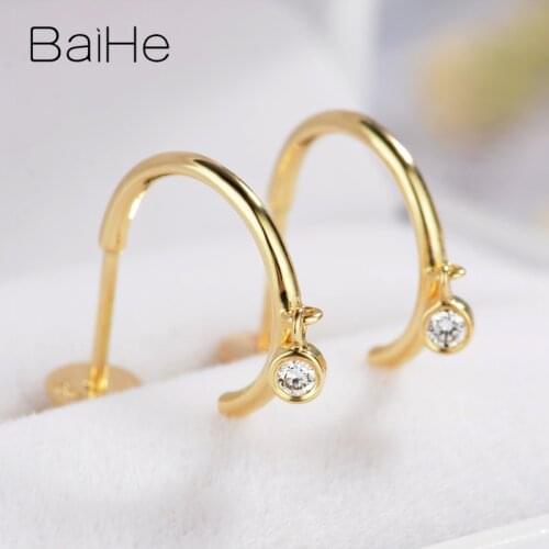 BAIHE Genuine Solid 18K Yellow Gold 0.06ct H/SI Sparkling Natural Diamond Wedding Fine Jewelry Stud Earrings Women Cерьги Trendy