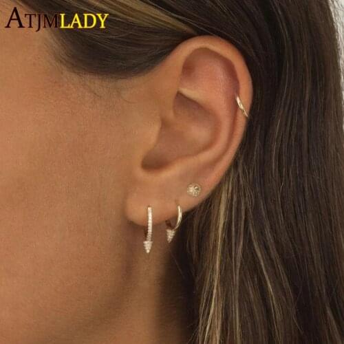Micro pave cz rivet spike round Small mini delicate Hoop huggie earrings minimal multi piercing girl women fashion jewelry