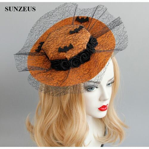 Gothic Style Orange Bridal Hats With Black Tulle Flowers Bat Halloween Vampire Carnival Wedding Party Hat FJ-185