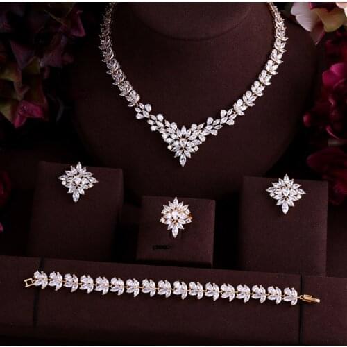 Gorgeous Marquise Stone Gold-Color Connect Flower Cubic Zirconia 4pcs bracelet and ring Classic Wedding Jewelry Sets