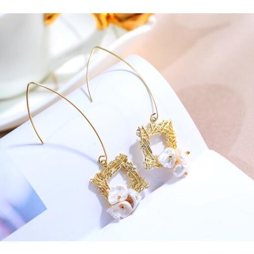 DAIMI Pearl Earrings Square Birds Nest Pattern 6-7mm Natural Pearl Earrings For Women Gift
