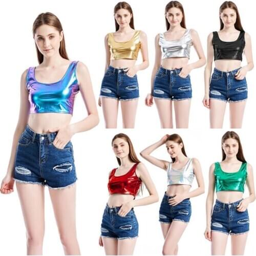 LJCUIYAO Shiny Crop Top Women Metallic Rave Dance Festival Clubwear Crop Tank Tops Short Vest Summer Sleeveless Top Camisole