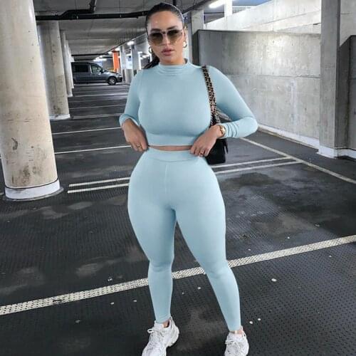 Women 2 Piece Set Solid Color Autumn Fall Suit Long Sleeve Crop Top High Waist Leggings Fitness Workout Tracksuit Two Piece Set