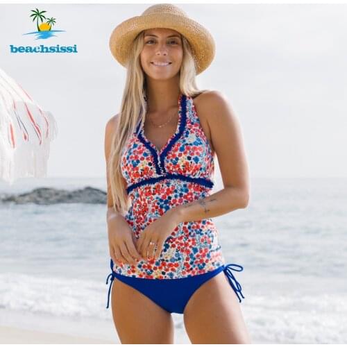 Beachsissi Womens New Floral Print Tankini Set 2 Piece Halter Style Ruffled Swimsuit Cute Swimwear Summer Swimming Bathing Suit