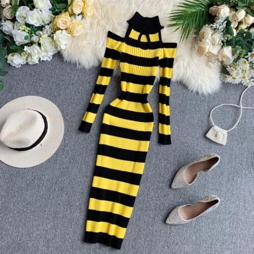 Retro Turtleneck Slim Striped Print Autumn Winter Bodycon Knit Sweater Midi Dress Off Shoulder Women Casual Long Sleeve Vestidos