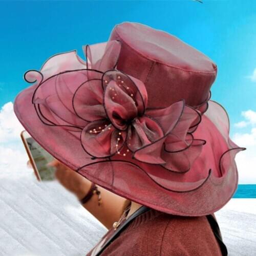 10 Colors Floral Organza Wide Brim Church Kentucky Derby Fascinator Lady Tea Party Sun Hat for women Bonnet Ladies Hat