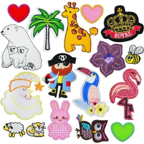 100pcs/lot Embroidery Patch Animal Bunny Owl Flower Coconut Love Heart Flamingo Clothing Decoration Iron Heat Transfer Applique
