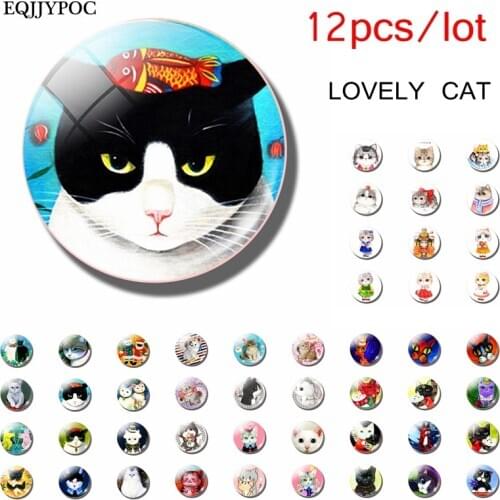 12pcs Cute Cat Fridge Magnet Sets Lovely 25MM Glass Note Holder Removable Magnets Refrigerator Sticker Magnetic Home Decor