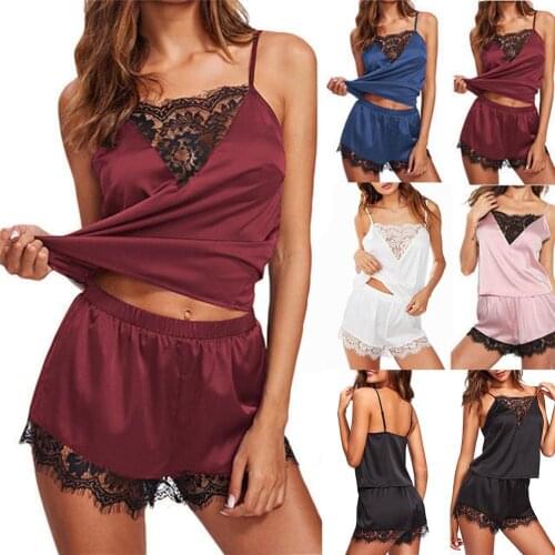 2Pcs Sexy Women Sleeveless Backless Lace Vest Jams Shorts Strappy Sleepwear