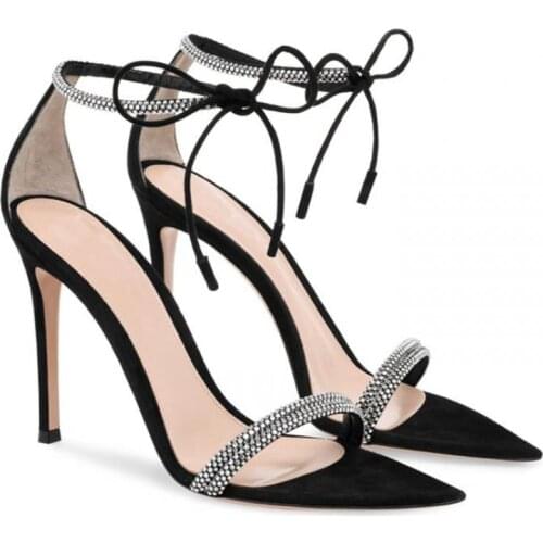 2021 Summer Womens Sandals Rhinestone Ankle Strap Hollow Open Toe Strap High Heels Sandalias Genuine Leather Crystal Party Shoe