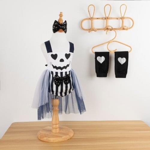 3pcs Lovely Baby Girls Romper Dress For Halloween Days Sleeveless Printed Lace Patchwork Jumpsuits Headband Leggings