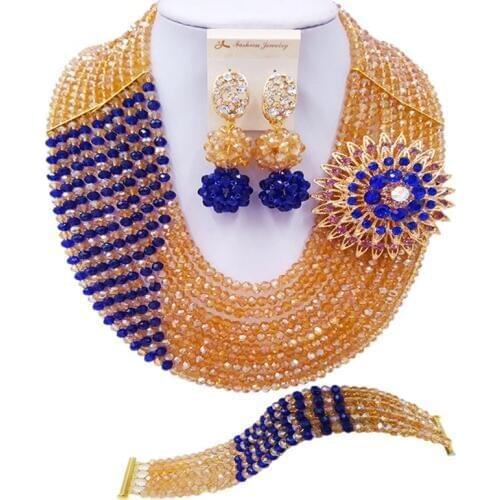ACZUV Gold AB and Royal Blue African Beads Jewelry Set for Women Nigerian Wedding Bridal Party Jewelry Sets 10C-JZ002