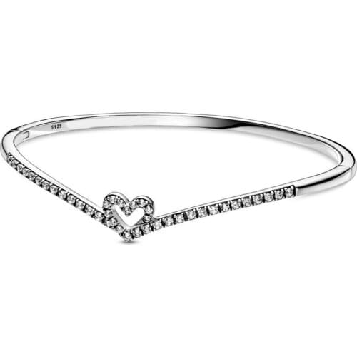 Real 925 Sterling Silver Moments Sparkling Wishbone Heart Fashion Bangle Fit Pandora Women Bead Charm Bracelet Gift DIY Jewelry