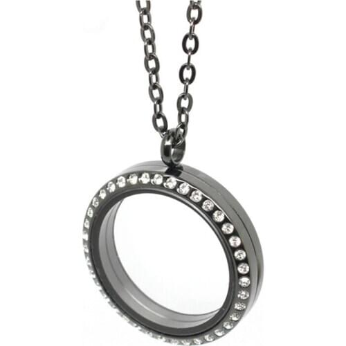 Black floating lockets pendant 316L stainless steel screw crystal living memory floating lockets necklace for women jewelry