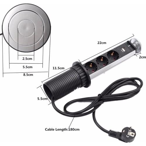 Ship from Spain) 16A 220V Pull Pop Up Socket Kitchen with 3 EU Power Plug Socket 2 USB Charging Phone for Office Desk Hidden