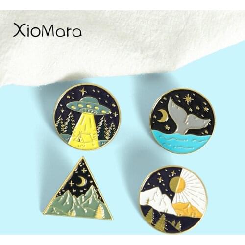 Landscape Painting Enamel Pins UFO Ocean Mountain Forest at Night Brooches Backpack Badges Gift For Women Men Custom Jewely