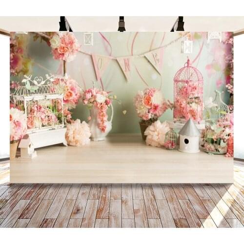 One Year Old Cage Pink White Bouquet and Flags Backdrops Photo Background Decorations for Girls Birthday Party Photography Props