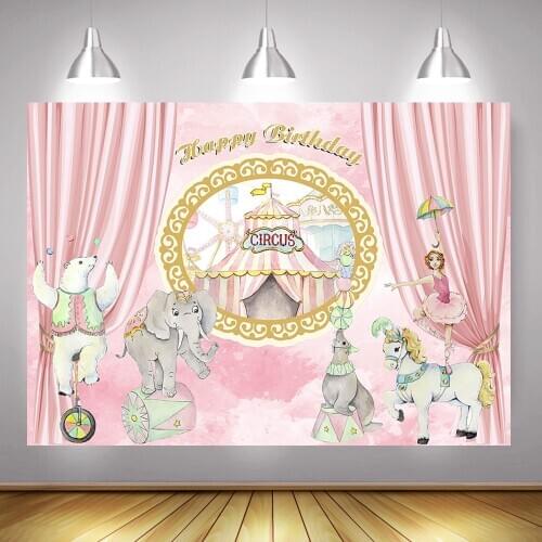 Circus Happy Birthday Party Banner Backdrop for Photography Pink Curtain Circus Animals Acrobatics Show Background Photo Studio