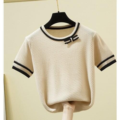New Bow T Shirt Women Hit The Color T-Shirt Plaid Knitted 2021 Korean Style Tshirt Woman Clothes Tee Shirt Femme Camisetas Mujer
