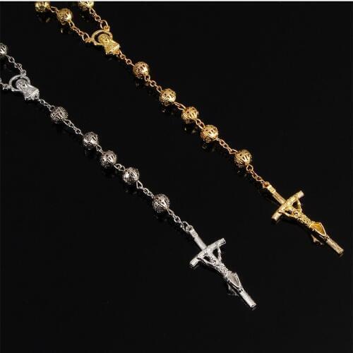 Catholic high quality imitation gold hollow rosary necklace. Jesus Christ Golden Cross Necklace Santa Maria Long Chain 8 mm