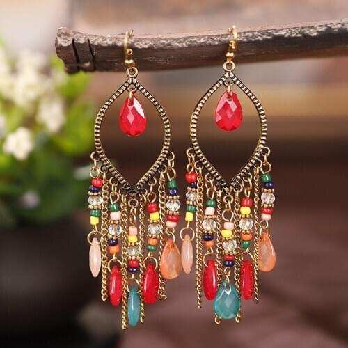 Classic Vintage Womens Corful Crystal Beads Long Tassel Earrings 2020 Fashion Jewelry Bohemia Wedding Earrings Hangers