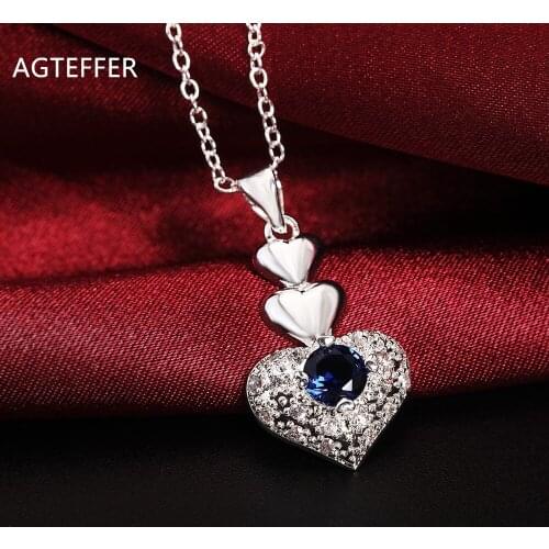 AGTEFFER 925 Sterling Silver 18 Inch Blue AAA Zircon Heart Pendant Necklace For Women Fashion Wedding Party Charm Jewelry