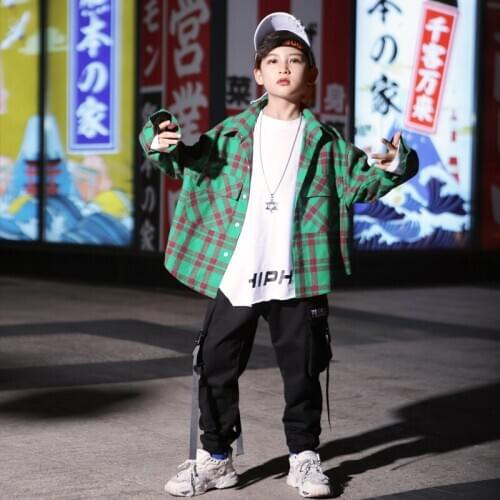 New Boys Hip-Hop Suit Jazz Dance Performance Clothes ChildrenS Loose Plaid Shirt Costumes Boys Street Catwalk Clothing DWY3130