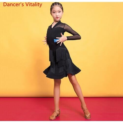 Latin Dance New Girls Show Competition Clothing Childrens Autumn Snd Winter Fashion Long-Sleeved Tassel Dress