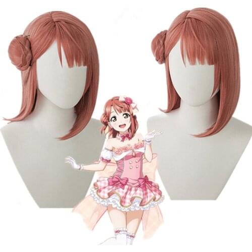 Love Live Uehara Ayumu Cosplay Wig LoveLive PDP Cosplay Reddish Brown Wigs with Bun Heat Resistant Synthetic Hair free wig cap