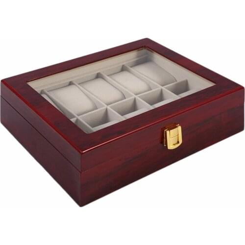 Practical 10 Grids Wooden Watch Box Durable Home Jewelry Display Collection Storage Case Watch Organizer Box Red