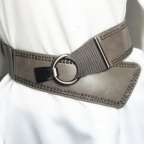 Women Belt Female Pu Leather Super Wide 9Cm Belts Ceinture Femme Leisure Cummerbunds Punk Style Rivets Beading Round Buckle