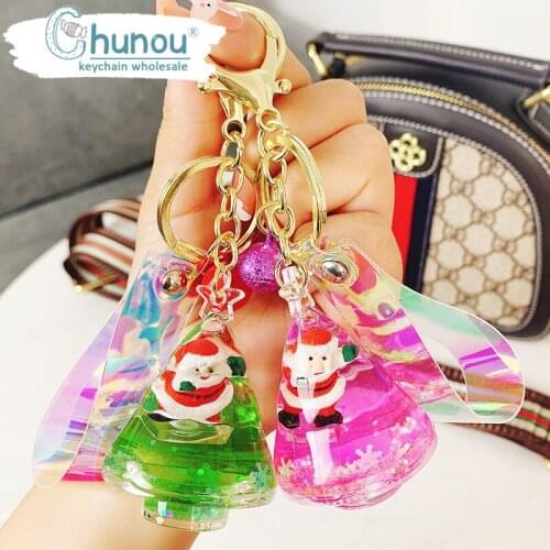Cute Creative Santa Crystal Keychain Luxury Floating Cute Mobile Liquid Quicksand Keyring Female Bag Jewelry Pendant Keychain
