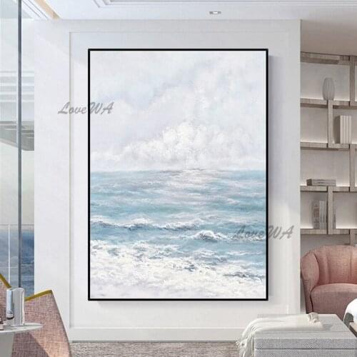 Modern Home Decoration Wall Canvas Simple Handpained Abstract Seascape Painting In Light Blue For Restaurant Unframed Picture