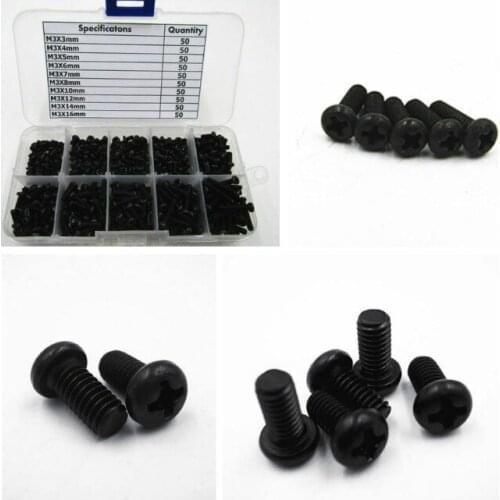 Steel Small Screws Pan Head Phillips Drive Black M3 x 3/4/5/6/7/8/10/12/14/16mm 500 pcs/box