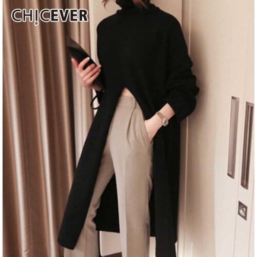 CHICEVER Korean Knitted Womens Sweater Turtleneck Long Sleeve Side Split Pullover Long Oversize Sweaters Female Autumn 2020 New