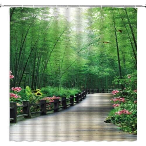 Outdoor Landscape Shower Curtains Green Bamboo Bird Flower Plant Wooden Plank Road Spring Scenery Bathroom Decor Cloth Curtain