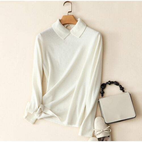 Spring autumn solid color turn-down collar womens casual cozy 100% cashmere sweater pink jumper