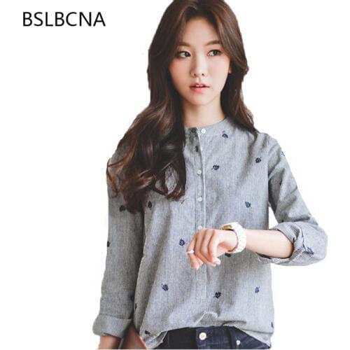 2020 Autumn Fashion Korean Style Striped Stand Collar Embroidery Slim Long Sleeves Bottoming Clothes Womens Tops And Blouse A401
