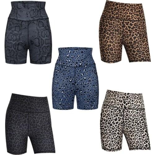 Women High Waist Tummy Control Biker Shorts Leopard Snakeskin Print Workout Short Pants Side Pocket Sports Leggings