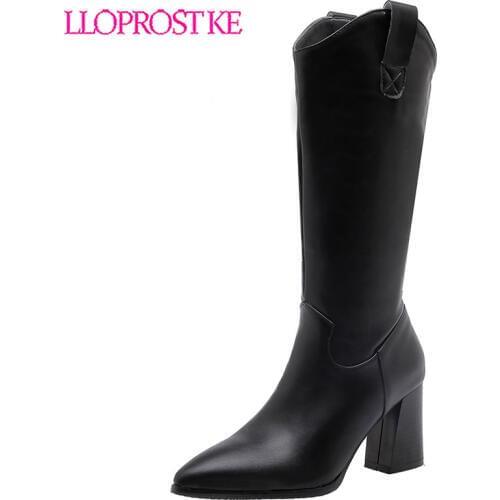 Lloprost ke 2020 Zipper PU Warm Fur Casual Knee High Boots Fashion Square Heel Pointed Toe Autumn Winter Women Long Boots H564