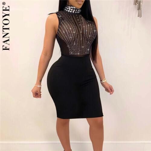 FANTOYE Diamond See-Through Mesh Dress Women Spring Sexy Sleeveless Bodycon Party Dress Elegant Turtleneck Mini Dress Vestidos