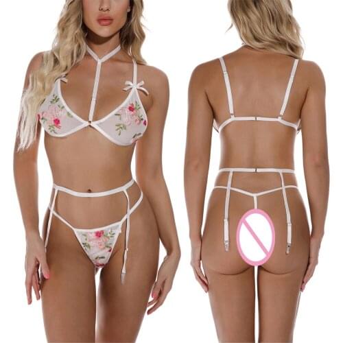 Women Sexy Lingerie Underwear Embroidery Spaghetti Strap Bikini Tops+ Panties Female Lace Erotic Sex Sets 2021