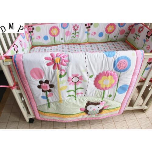 Promotion! 7PCS Embroidery baby bedding crib set 100% cotton crib bumper baby cot sets (bumper+duvet+bed cover+bed skirt)