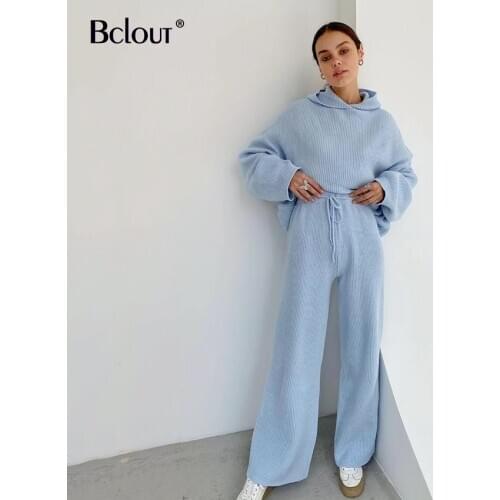 Bclout Autumn Knitted Sport Casual Suits 2021 Hoodies And High Waist Pants Two Piece Set Women Fashion Loose 2 Piece Set Clothes