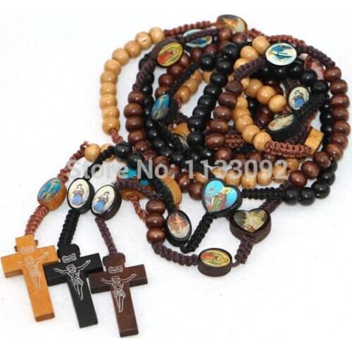 Free ePacket ship 12pcs/lot 3colors Wooden Bible Image & Wooden Beads Rosary Necklace Woodcut Jesus Cross