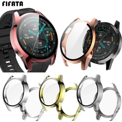 FIFATA PC Plating Watch Case+Screen Tempered Glass Film 2 IN 1 For Huawei GT 2 42MM/46MM Smart Watch Replacement Protective Case